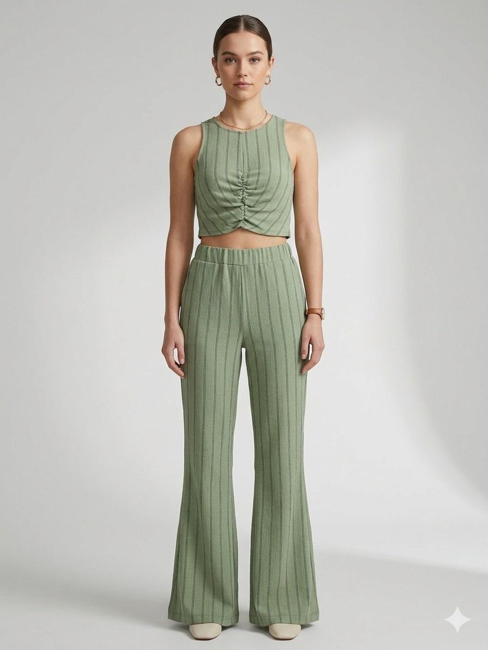 Women's Ribbed Knit 2-Piece Set Green Crop Tank & Flare Pants Casual Comfy Chic